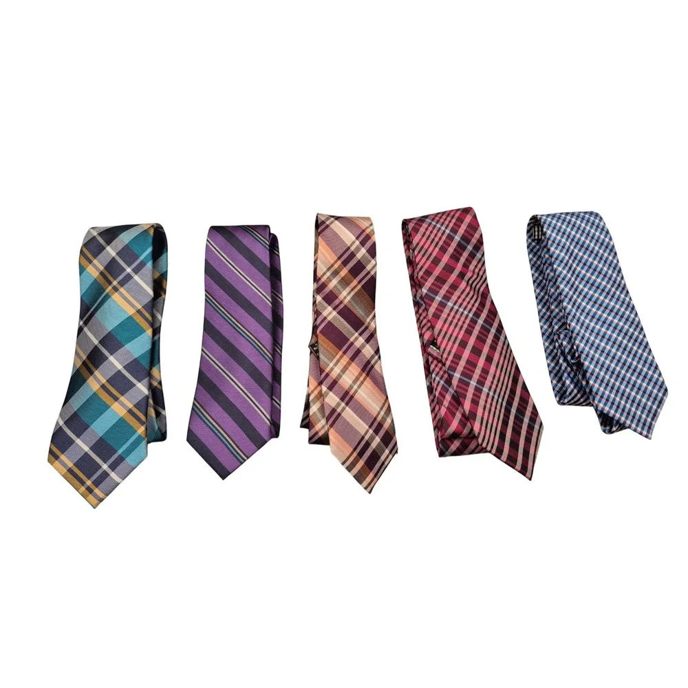 Ben Sherman Mens Silk Necktie Lot 5 Plaid Striped Gingham Teal Purple Red Orange